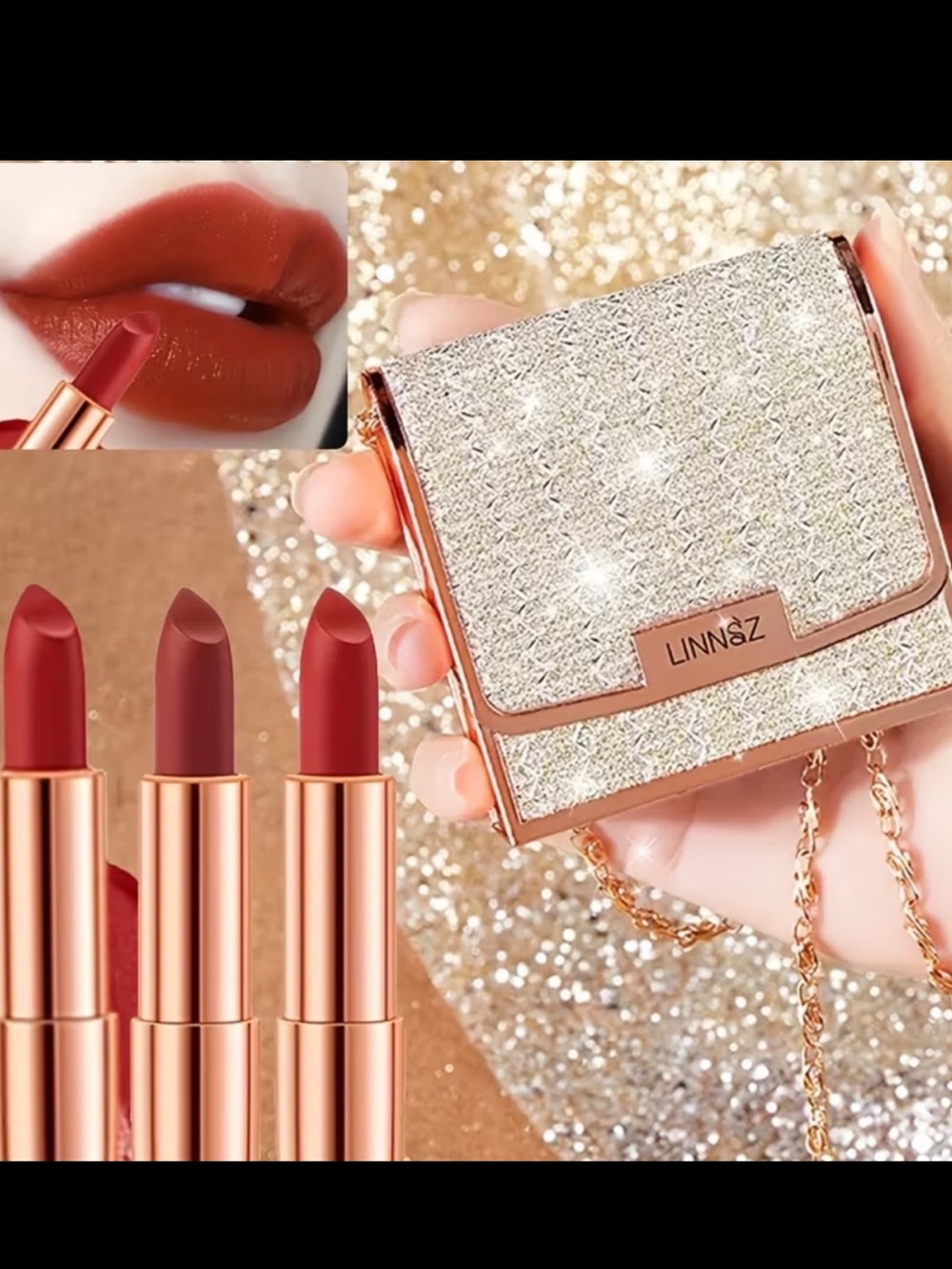 Linnsz Women’s Lipstick Trio w Leather Bag, Red & Coral Shades - Picture 5 of 9